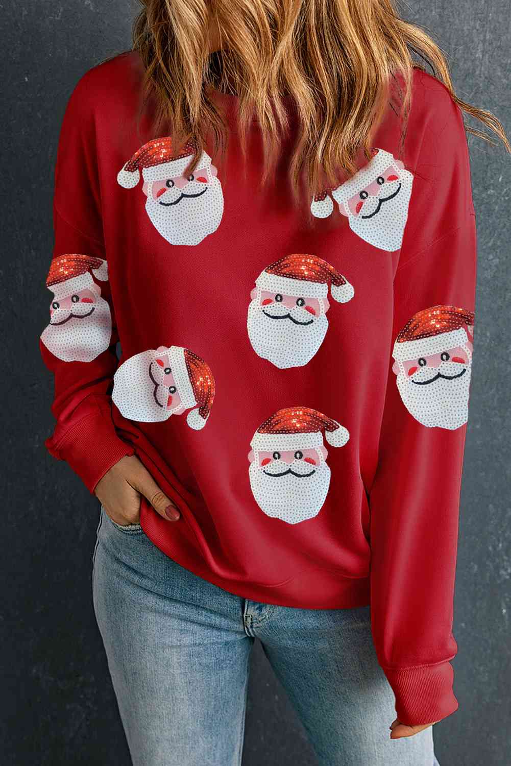 Sequin Santa Patch Round Neck Sweatshirt BLUE ZONE PLANET
