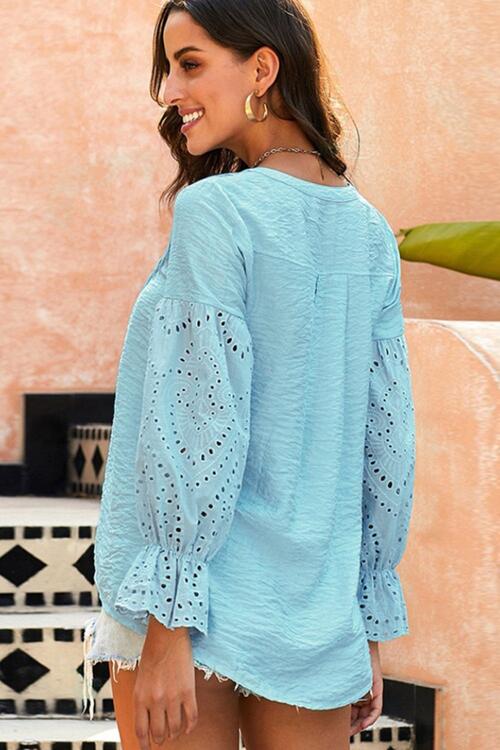 Crochet Flounce Sleeve Button Up Blouse BLUE ZONE PLANET