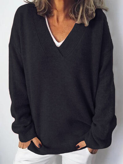Blue Zone Planet | V-Neck Dropped Shoulder Sweater BLUE ZONE PLANET