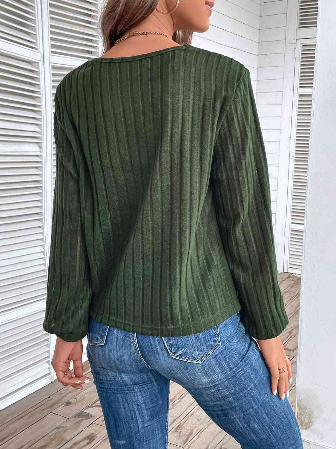 Twisted V-Neck Buttoned Long Sleeve T-Shirt BLUE ZONE PLANET