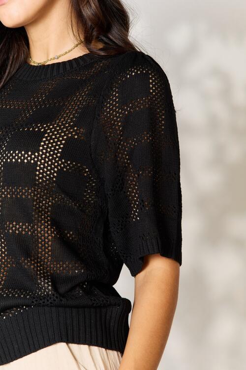 Double Take Ribbed Trim Round Neck Knit Top BLUE ZONE PLANET