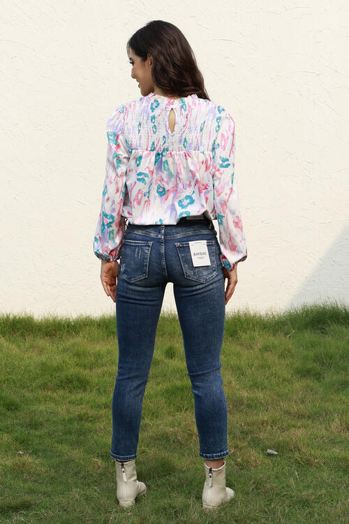 Floral Smocked Balloon Sleeve Round Neck Blouse BLUE ZONE PLANET