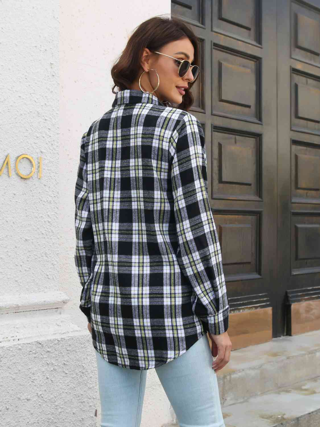 Plaid Collared Neck Buttoned Shirt with Pockets BLUE ZONE PLANET