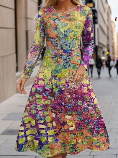 Plus Size Printed Round Neck Long Sleeve Dress BLUE ZONE PLANET