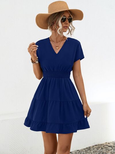 Blue Zone Planet | Ruffled Smocked V-Neck Tiered Dress BLUE ZONE PLANET