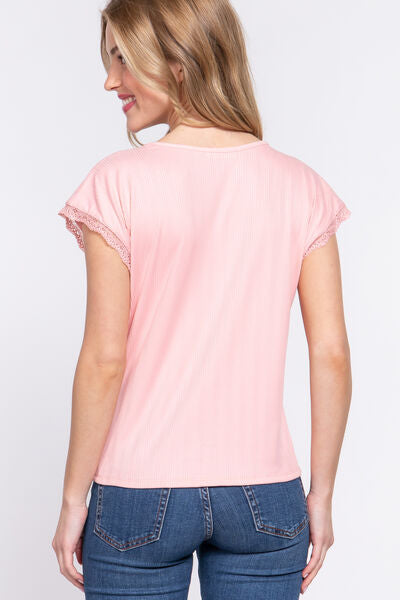 ACTIVE BASIC Lace Trim V-Neck Short Sleeve Ribbed Top BLUE ZONE PLANET