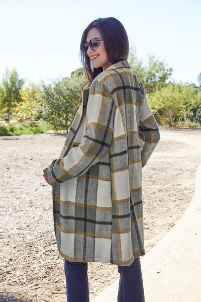 Double Take Full Size Plaid Button Up Lapel Collar Coat BLUE ZONE PLANET