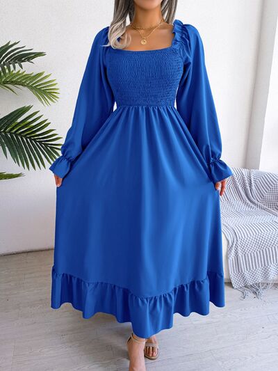 Smocked Square Neck Flounce Sleeve Dress BLUE ZONE PLANET