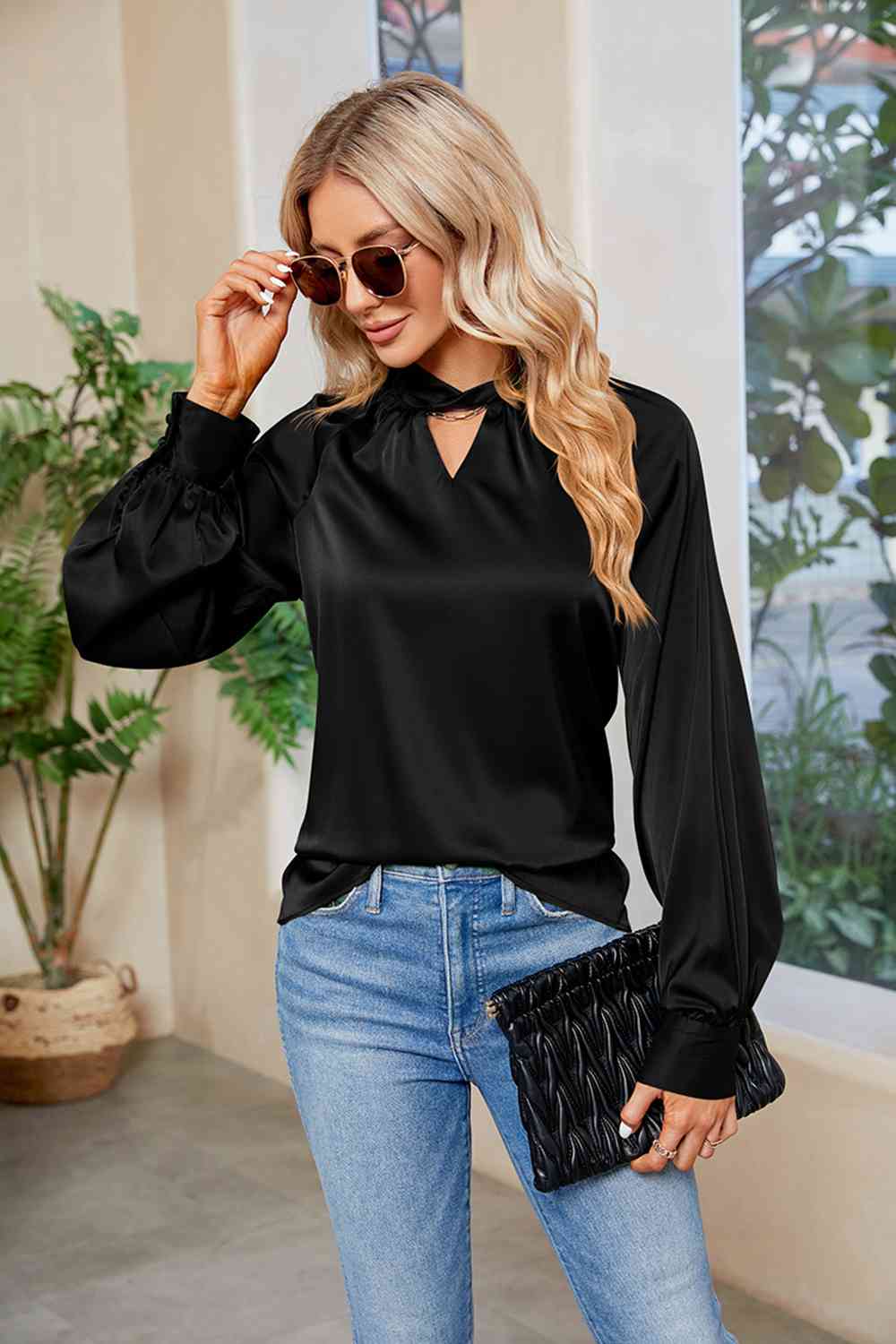 Cutout Mock Neck Long Sleeve Top BLUE ZONE PLANET