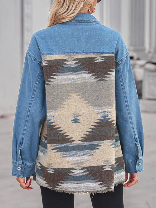 Geometric Raw Hem Button Up Denim Jacket BLUE ZONE PLANET