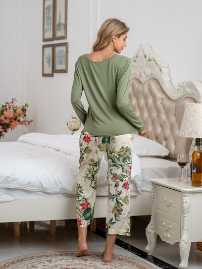 Blue Zone Planet |  Round Neck Top and Printed Pants Lounge Set BLUE ZONE PLANET