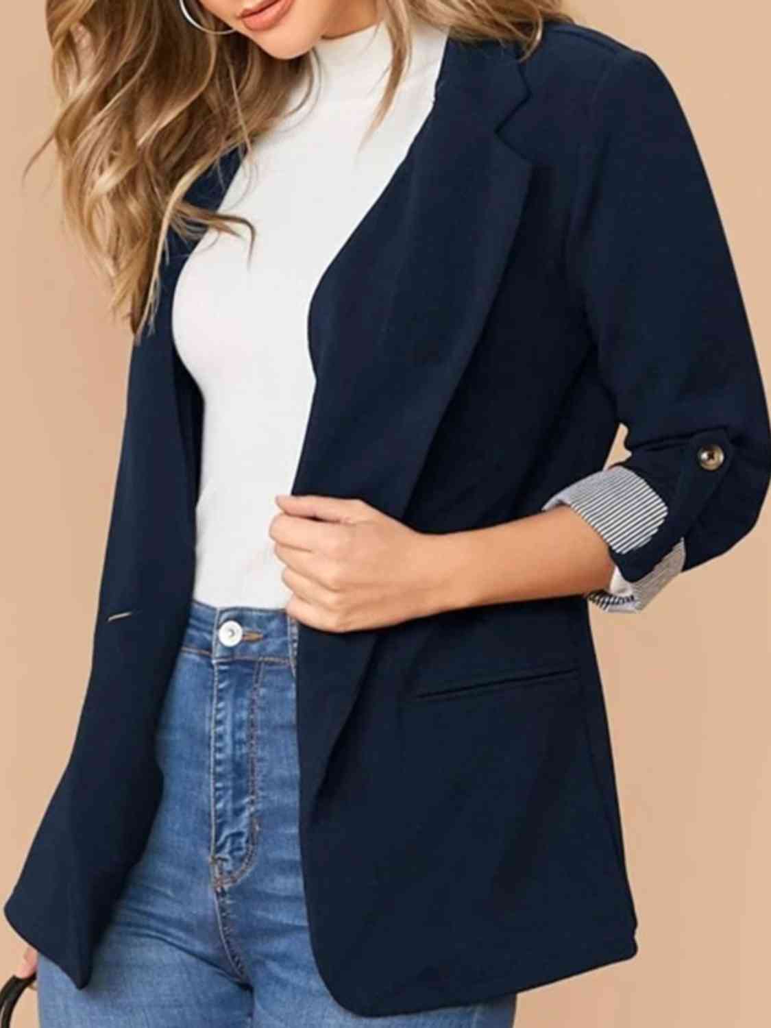 Lapel Collar Roll-Tab Sleeve Blazer BLUE ZONE PLANET