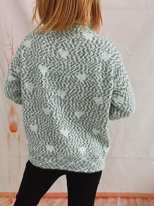 Blue Zone Planet | Heart Heathered Turtleneck Drop Shoulder Sweater BLUE ZONE PLANET