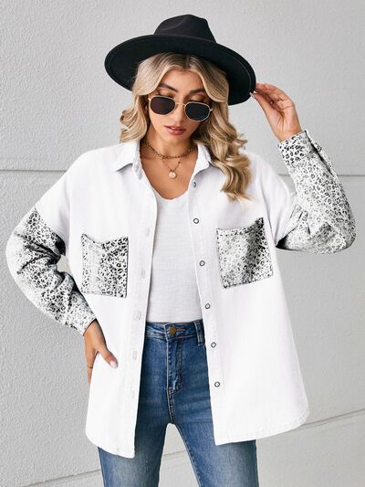 Leopard Button Up Denim Jacket BLUE ZONE PLANET