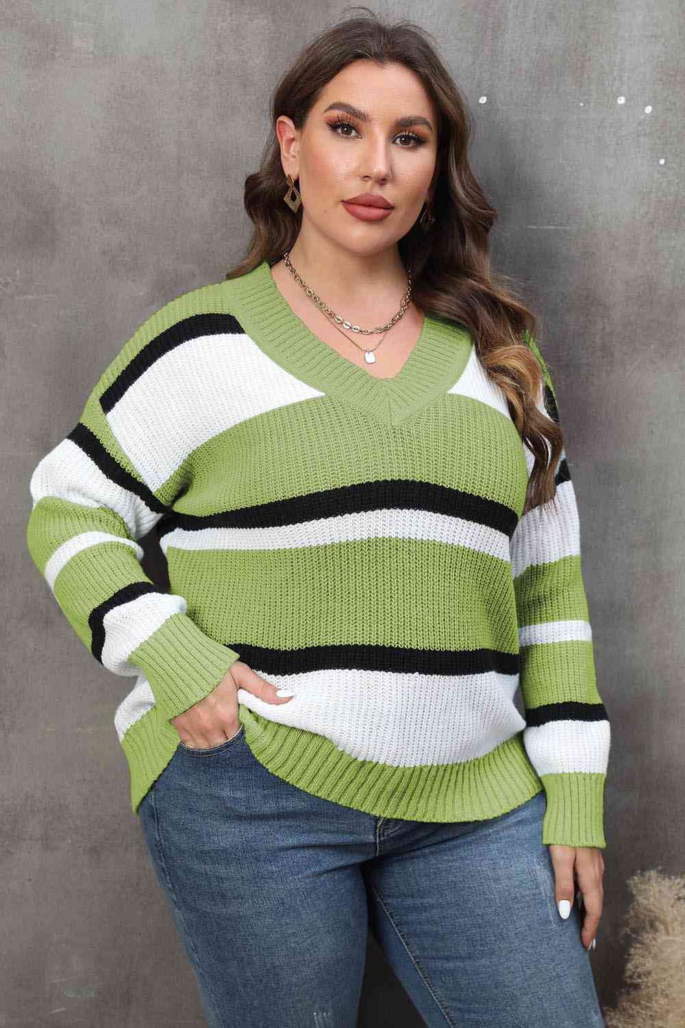 Plus Size Striped V-Neck Dropped Shoulder Sweater BLUE ZONE PLANET