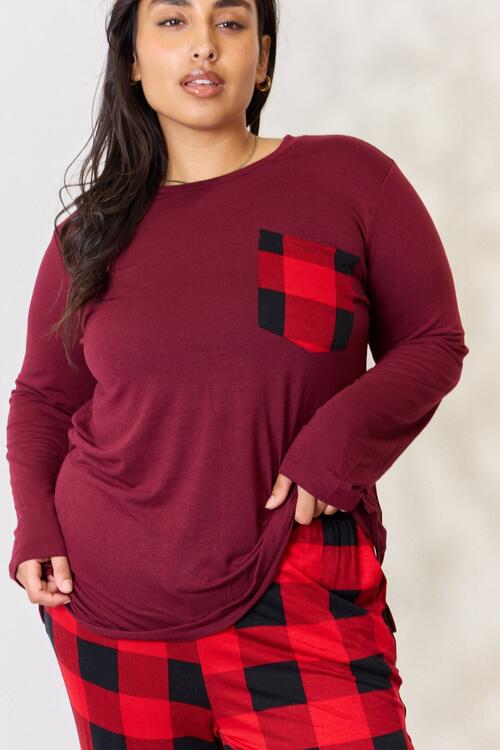Zenana Full Size Plaid Round Neck Top and Pants Pajama Set BLUE ZONE PLANET