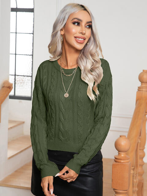 Cable-Knit Round Neck Long Sleeve Sweater BLUE ZONE PLANET