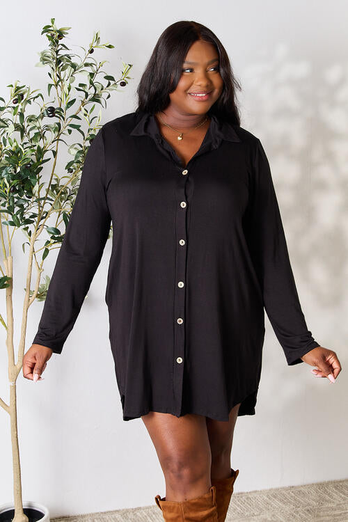 Celeste Full Size Button Down Shirt Dress BLUE ZONE PLANET