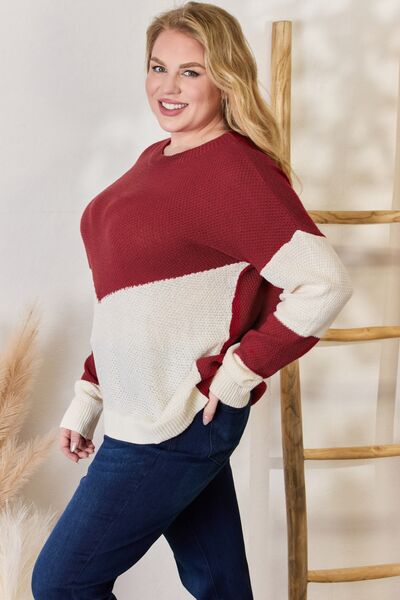 Hailey & Co Full Size Color Block Dropped Shoulder Knit Top Trendsi