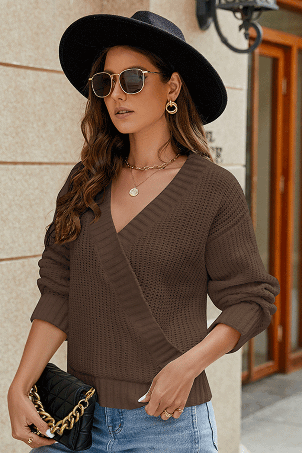 Surplice Neck Long Sleeve Sweater BLUE ZONE PLANET