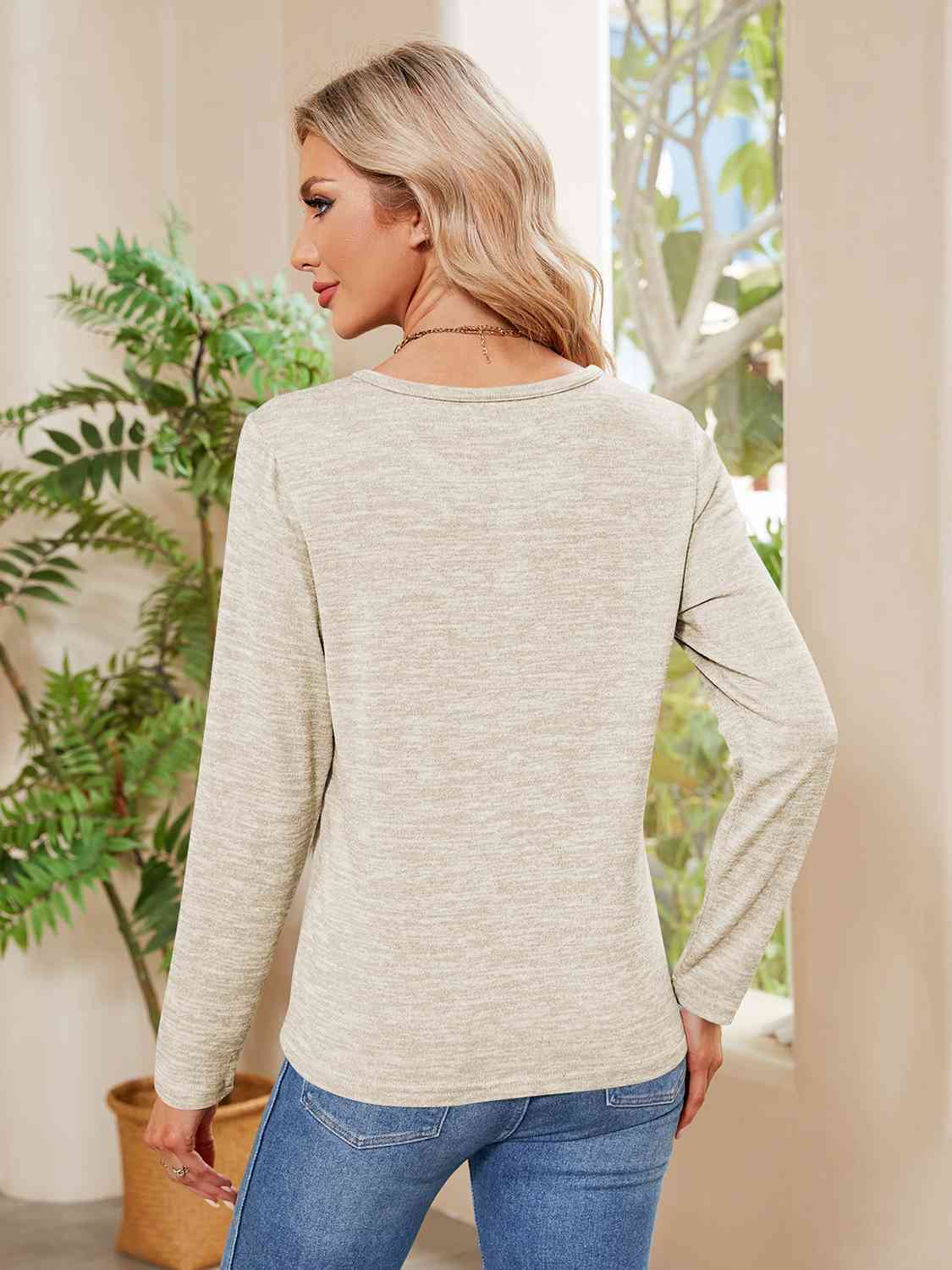 Buttoned Round Neck  Long Sleeve T-Shirt BLUE ZONE PLANET