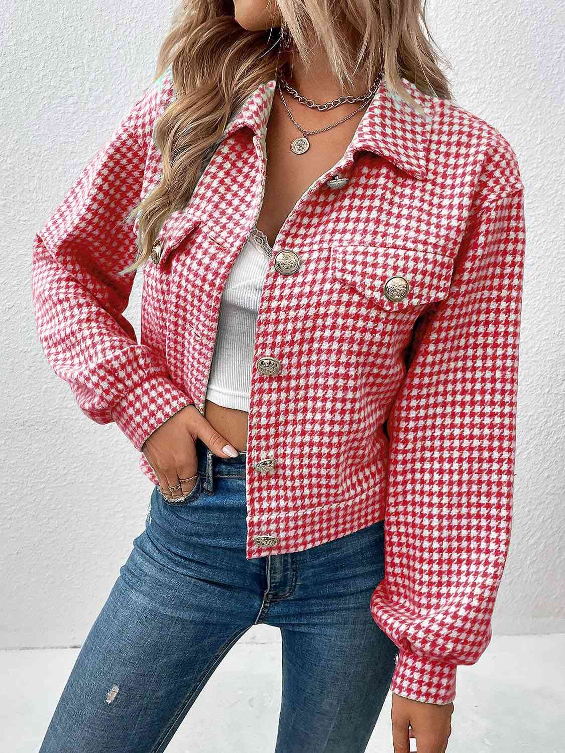 Houndstooth Collared Neck Button Up Jacket BLUE ZONE PLANET