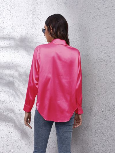 Button Up Collared Neck Long Sleeve Shirt BLUE ZONE PLANET