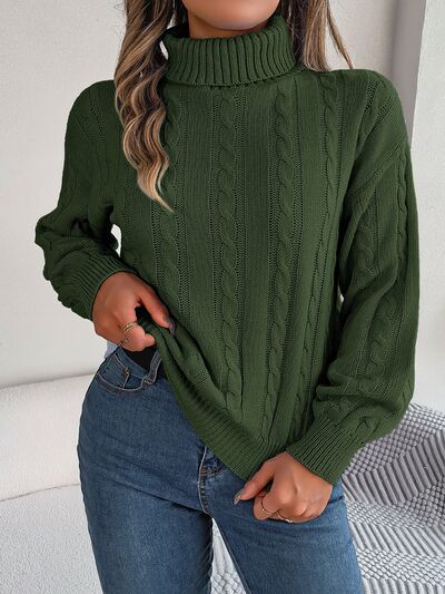 Blue Zone Planet | Cable-Knit Turtleneck Dropped Shoulder Sweater BLUE ZONE PLANET
