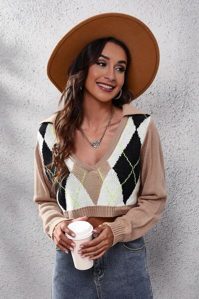 Blue Zone Planet | Geometric Long Sleeve Cropped Sweater BLUE ZONE PLANET