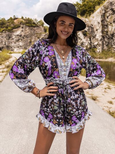 Blue Zone Planet | Printed Frill Half Button Balloon Sleeve Romper BLUE ZONE PLANET