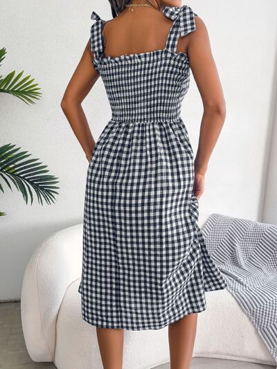 Frill Plaid Square Neck Midi Dress BLUE ZONE PLANET