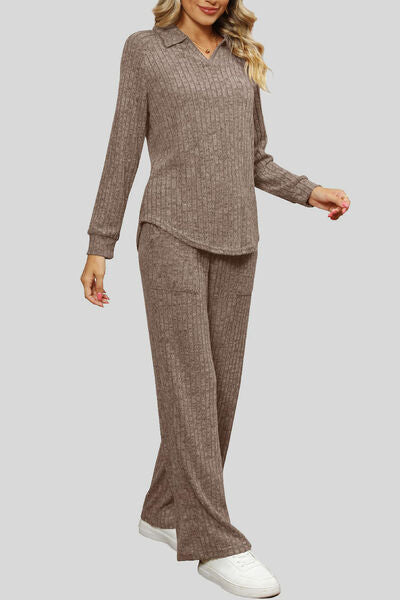 Blue Zone Planet | Ribbed Long Sleeve Top and Pocketed Pants Set BLUE ZONE PLANET