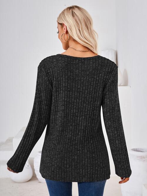Ribbed Buttoned Round Neck Slit T-Shirt BLUE ZONE PLANET
