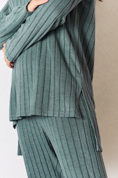 Blue Zone Planet | Basic Bae Full Size Ribbed Round Neck High-Low Slit Top and Pants Set BLUE ZONE PLANET