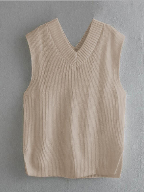 Ribbed V-Neck Sleeveless Sweater Vest BLUE ZONE PLANET