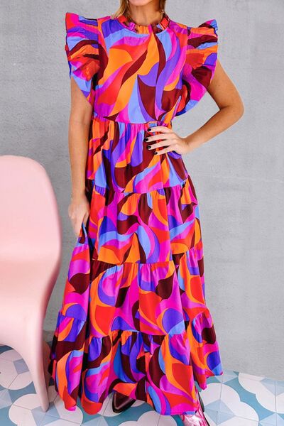 Blue Zone Planet | Printed Ruffled Mock Neck Tiered Dress BLUE ZONE PLANET