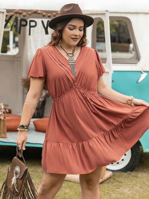Double Take Plus Size Ruffle Hem V-Neck Short Sleeve Dress BLUE ZONE PLANET