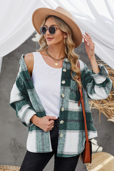 Blue Zone Planet | Plaid Button Up Dropped Shoulder Jacket BLUE ZONE PLANET