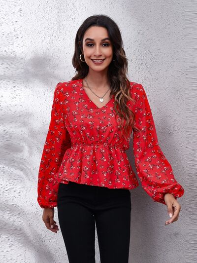 Floral V-Neck Balloon Sleeve Peplum Blouse BLUE ZONE PLANET