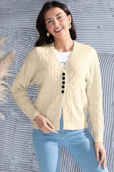 Blue Zone Planet | Cable-Knit Button Up Dropped Shoulder Cardigan BLUE ZONE PLANET