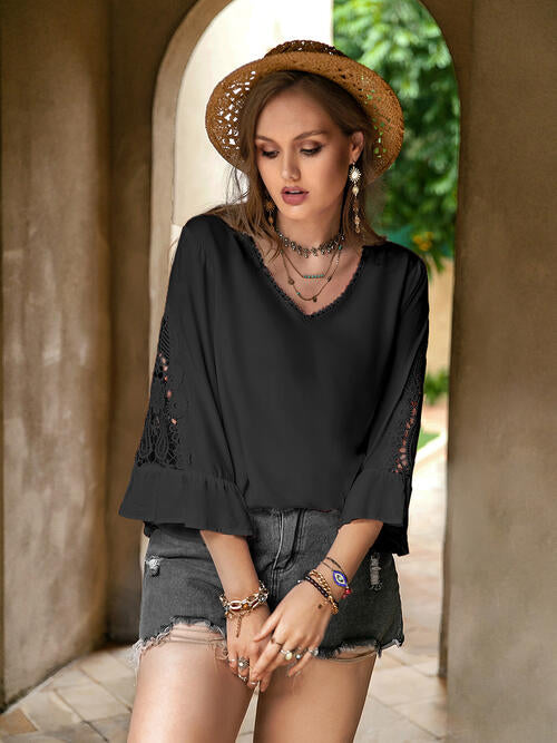 Double Take Plus Size Flower Crochet Flare Sleeve Top BLUE ZONE PLANET