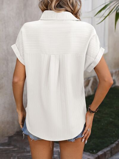 Textured Button Up Cap Sleeve Shirt Trendsi