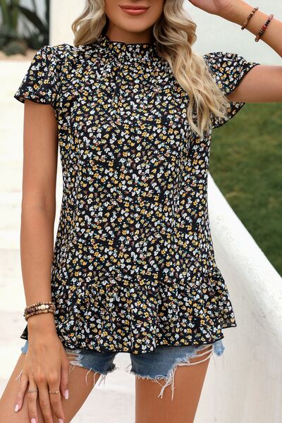 Blue Zone Planet | Ditsy Floral Mock Neck Short Sleeve T-Shirt BLUE ZONE PLANET