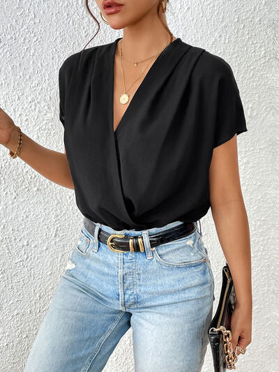 Blue Zone Planet | Surplice Short Sleeve Ruched Bodysuit BLUE ZONE PLANET