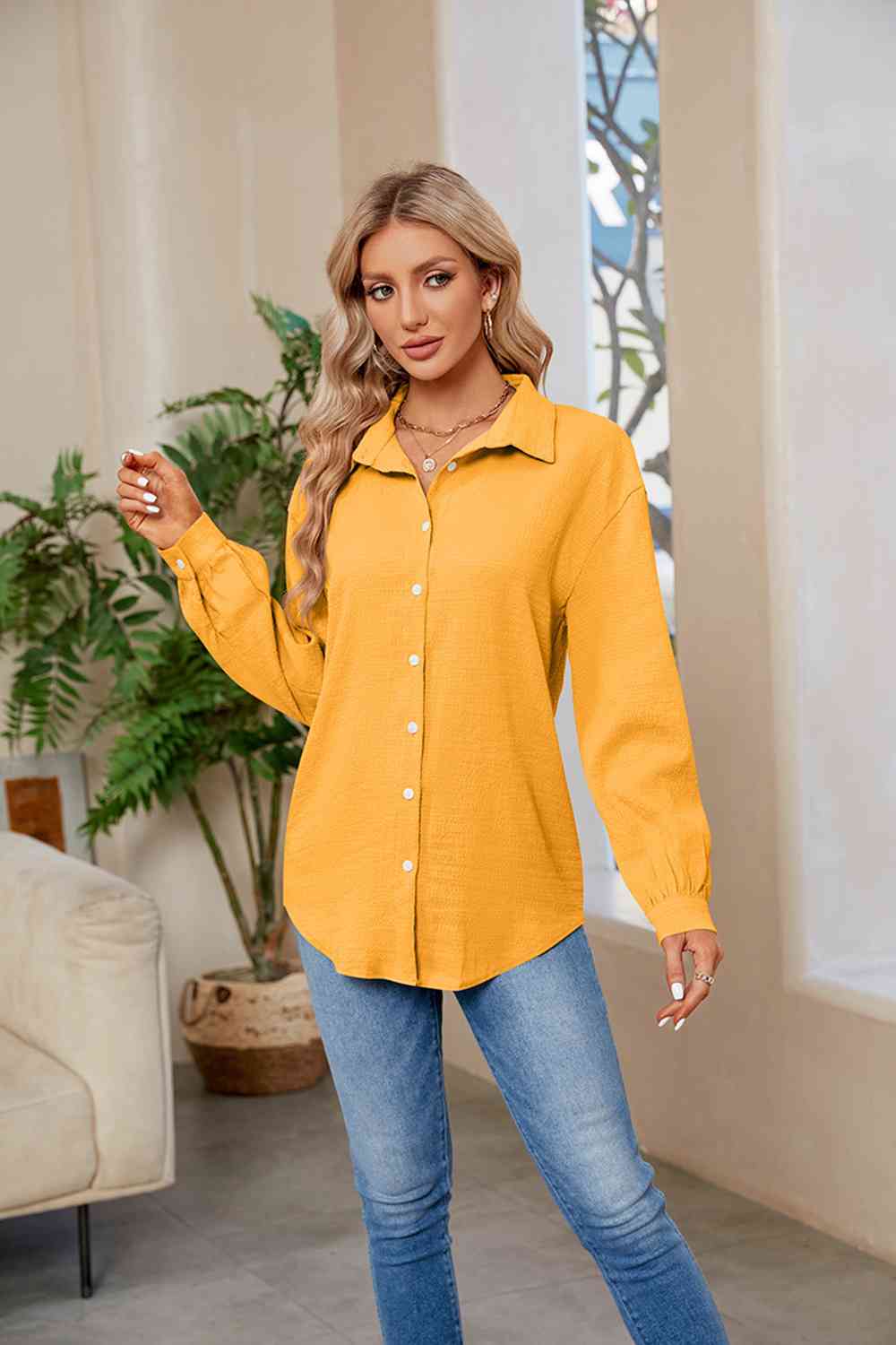Collared Neck Buttoned Long Sleeve Shirt BLUE ZONE PLANET