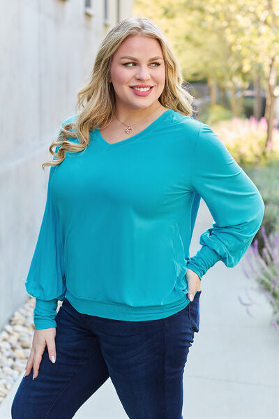 Blue Zone Planet | Basic Bae Full Size V-Neck Lantern Sleeve Blouse BLUE ZONE PLANET