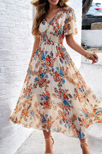 Blue Zone Planet | Smocked Floral V-Neck Short Sleeve Dress BLUE ZONE PLANET