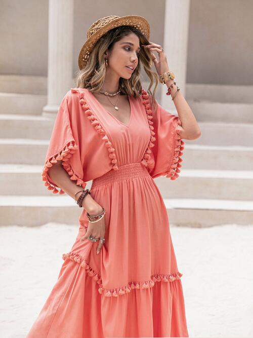 Tassel Trim Smocked V-Neck Short Sleeve Dress BLUE ZONE PLANET