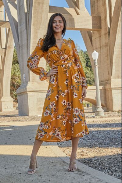 Double Take Full Size Floral Tie Back Flounce Sleeve Dress BLUE ZONE PLANET