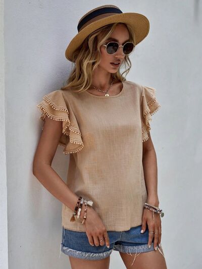Blue Zone Planet | Ruffled Cap Sleeve Round Neck Blouse BLUE ZONE PLANET